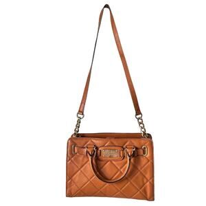 Michael Kors Quilted Shoulder Bag Carmel Tan Chain Multicompartment Handbag READ